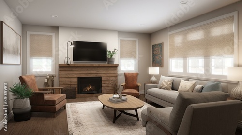 A cozy and inviting family room with comfortable seating and a statement fireplace  perfect for family movie nights. Generative AI