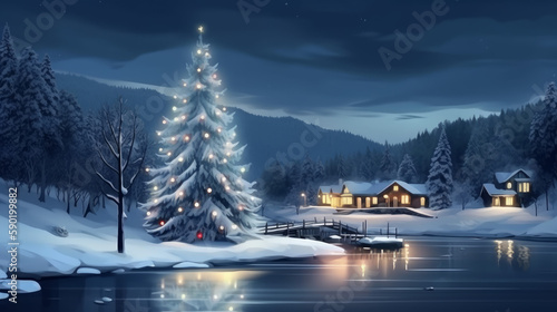 Winter christmas tree on snow with lights and house in background, generative ai