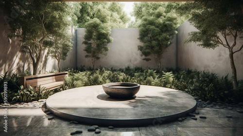 A serene and minimalist meditation space with a calming water feature and lush greenery, perfect for relaxation. Generative AI © Наталья Евтехова