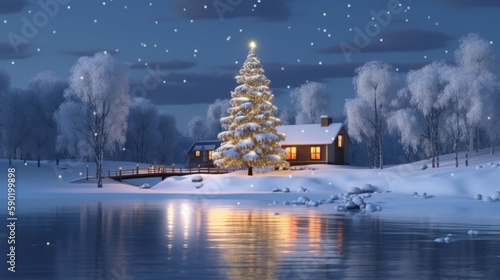 Winter christmas tree on snow with lights and house in background, generative ai © TheGoldTiger