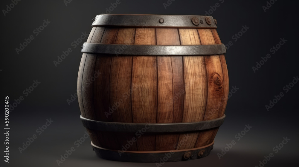 Wooden barrel with soft light and dark background, generative ai Wooden barrel with soft light and dark background, generative ai