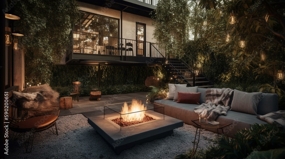 A cozy and inviting outdoor lounge area with comfortable seating and a statement fire pit, perfect for evening gatherings. Generative AI