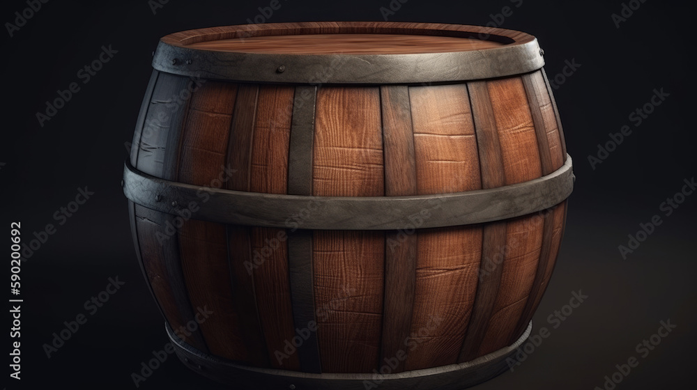 Fototapeta premium Wooden barrel with soft light and dark background, generative ai