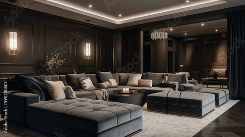 A luxurious and elegant home theater with plush seating and a large screen, perfect for movie nights at home. Generative AI