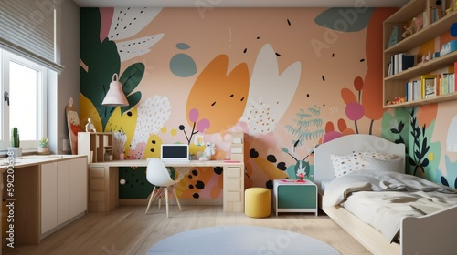 A colorful and playful children's bedroom with a playful mural and plenty of space for imaginative play. Generative AI