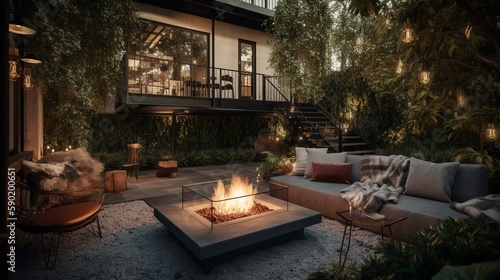 A cozy and inviting outdoor lounge area with comfortable seating and a statement fire pit, perfect for evening gatherings. Generative AI