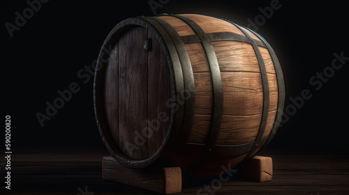 Wooden barrel with soft light and dark background, generative ai