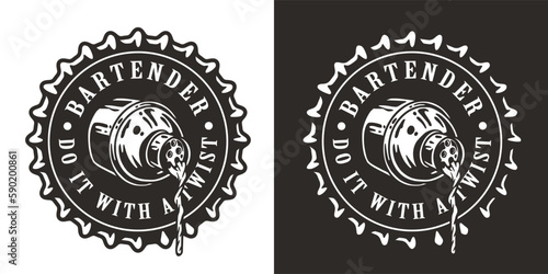 Bartending logo or bartender design with beer cap and cocktail shaker for bar print of barman