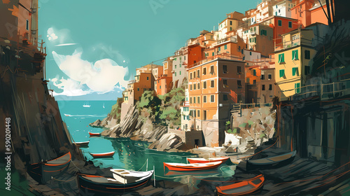 Illustration of the small fishing village of Riomaggiore, Cinque Terre, Italy photo