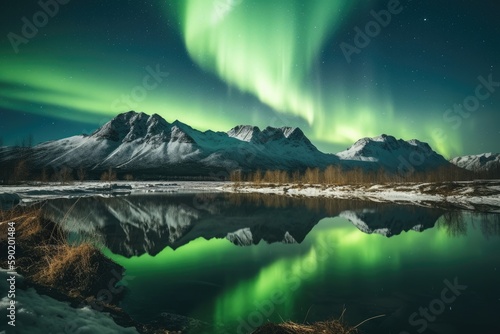 Green northern lights above mountains. Night sky with polar lights. Night winter landscape with aurora and reflection on the water surface. Generative AI