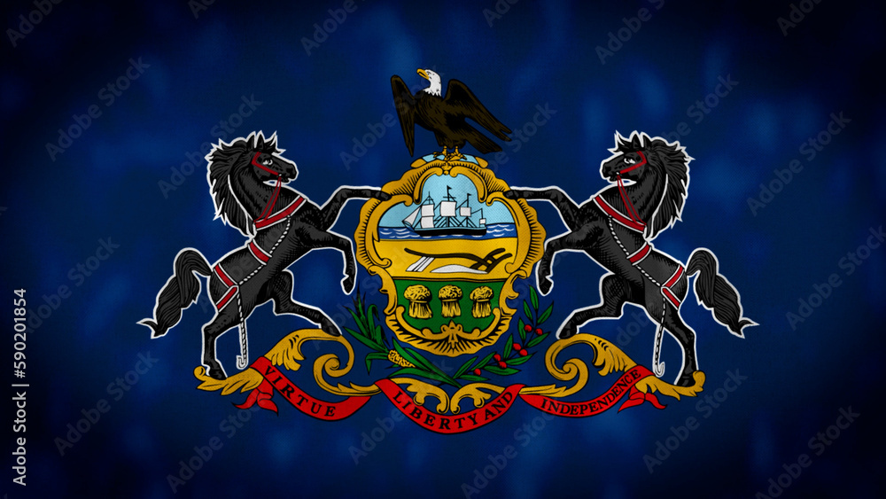 the Pennsylvania state flag waving in the wind. Blue flag with ...