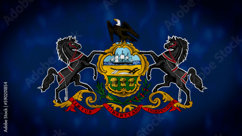 the Pennsylvania state flag waving in the wind. Blue flag with Pennsylvania coat of arms in the center. 3d render illustration. illustration. Textured fabric background photo