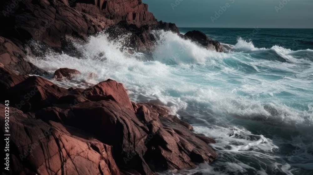 A wave breaks on a rocky shore with a red rock in the foreground, created with generative AI tools A wave breaks on a rocky shore with a red rock in the foreground, created with generative AI tools
