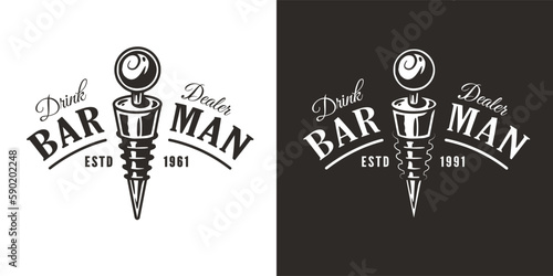 Barman logo or print with bottle stopper for bartending. Chromed metal wine stopper or cocktail bar tool for bartender.
