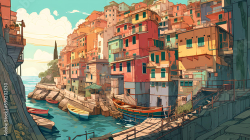 Illustration of the small fishing village of Riomaggiore, Cinque Terre, Italy © Aleh Varanishcha