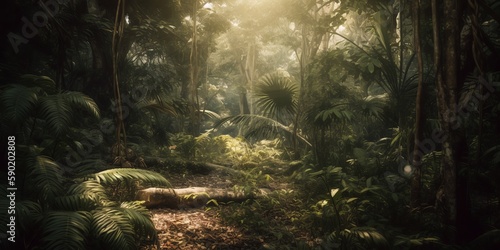 Fototapeta Naklejka Na Ścianę i Meble -  Mysterious impenetrable jungle overgrown with exotic plants. Background. A beautiful path through the impenetrable jungle. Tropical paradise. Generative AI