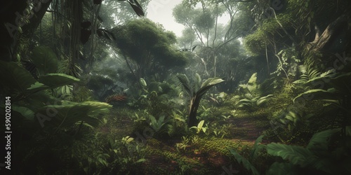 Mysterious impenetrable jungle overgrown with exotic plants. Background. A beautiful path through the impenetrable jungle. Tropical paradise. Generative AI