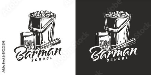 Bartending design with glass and ice for cocktail bar and bartender or barman