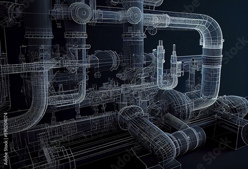 A computerized wireframe blueprint of pipelines for contemporary industry. Generative AI
