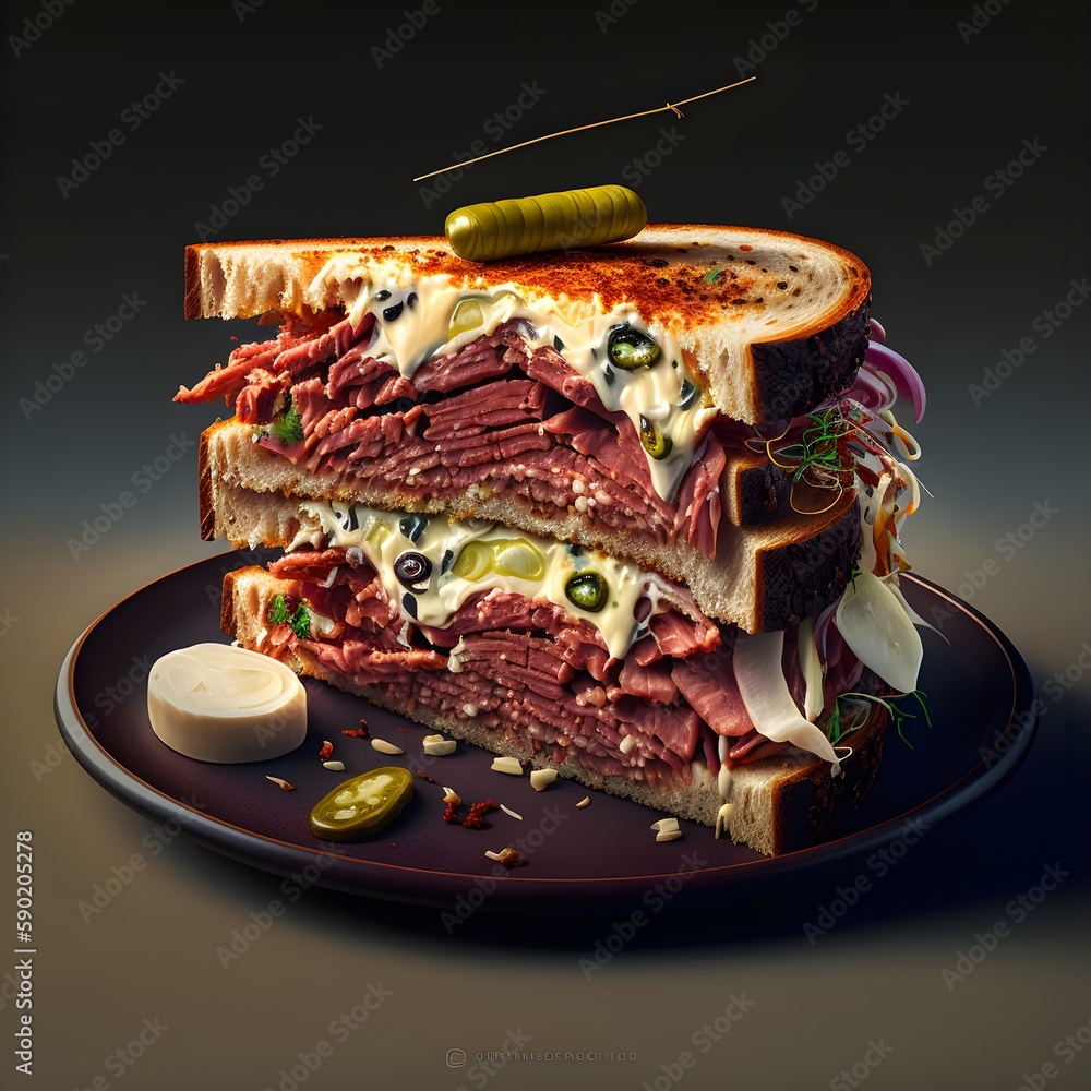 pastrami melted swiss with pickles and saurkraut toasted sourdough