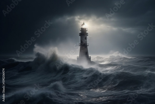 Lighthouse Shines Brightly In The Dark In A Raging Sea, A Storm, Made Using Generative Ai