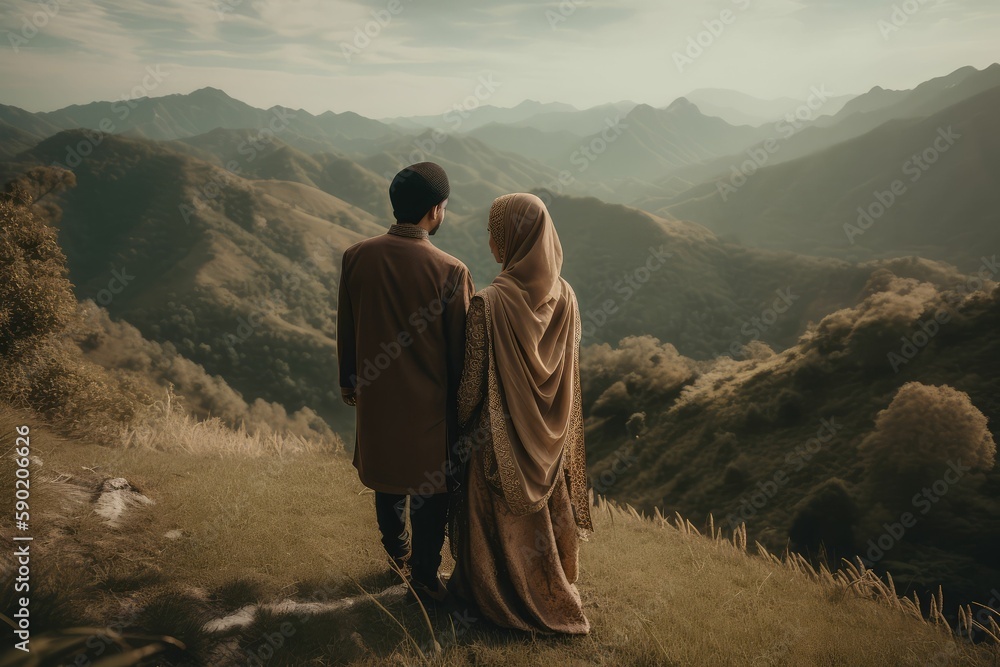 Outdoor portrait of muslim wedding couple, Marriage and relationship concept, generative ai Outdoor portrait of muslim wedding couple, Marriage and relationship concept, generative ai
