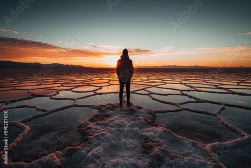 The Salt Flat Explorer: A Young Man's Journey Through Salar de Uyuni, Bolivia, generative ai photo
