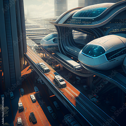 A busy futuristic transportation