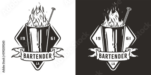 Bartender glass with fire and ribbon or cocktail shaker for bartending. Chromed bar glass with flame or boston shaker for barman of cocktail bar.