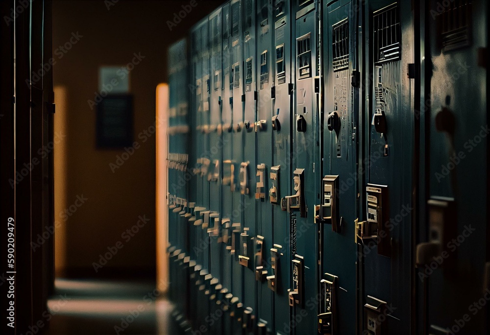 Lockers lined up in a high school hallway. Generative AI