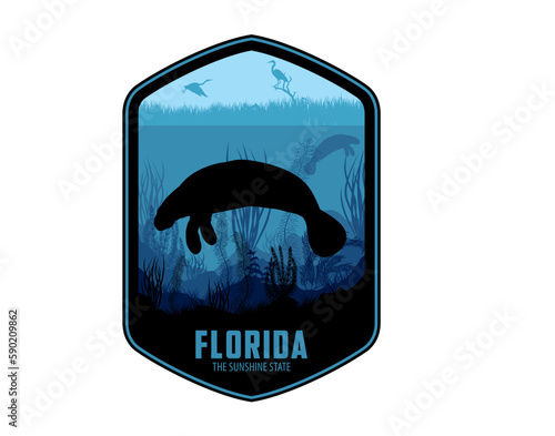 Florida vector label with Manatee and herons in swamp wetland sea coast