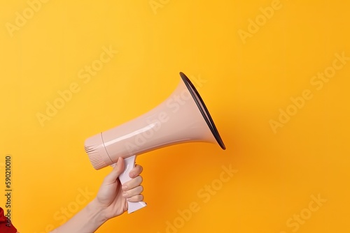 Illustration of hand holding megaphone, marketing and sales concept, yellow background. Generative AI