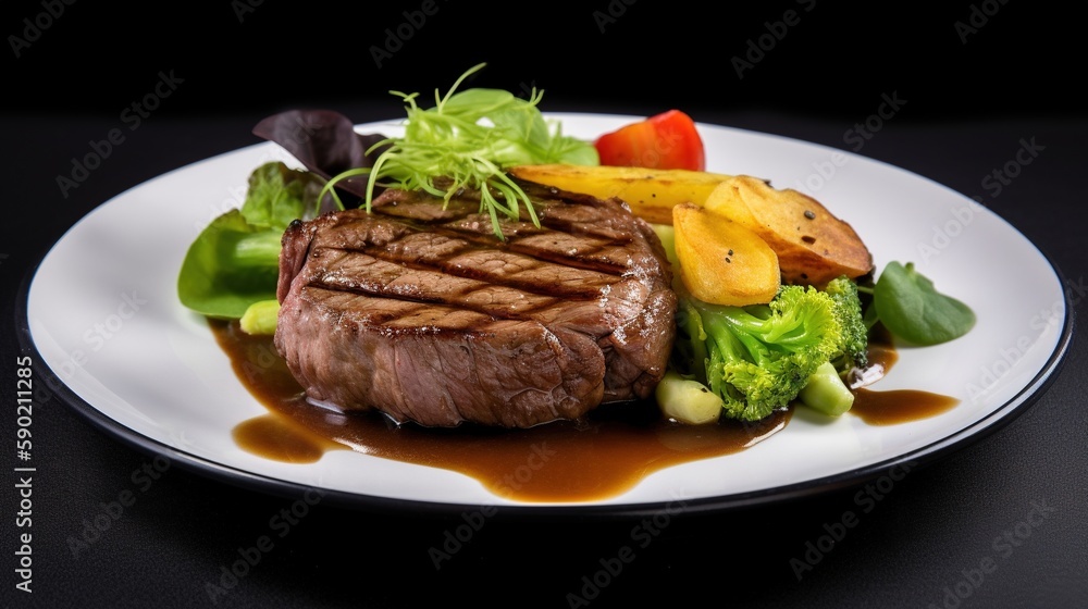 fried juicy steak with vegetables and sauce. Generative AI. fried juicy steak with vegetables and sauce. Generative AI.