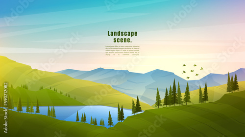 Vector illustration. Flat polygonal design. Nature landscape. Panoramic view. Design element for web banner, website template. Cartoon style. Forest trees on hills by the water. Misty mountains