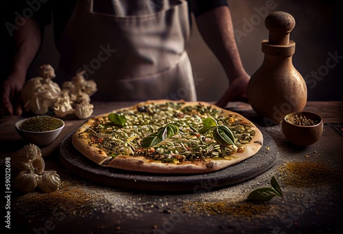 Fresh oregano sprinkled on homemade pizza by male chef. Generative AI