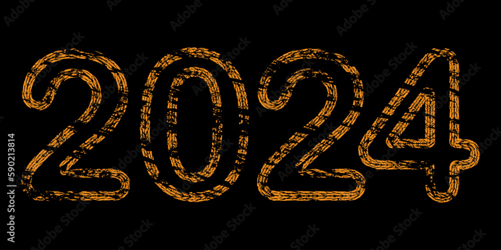 New Year 2024 grunge tire tracks form. Vector numbers with grungy texture. Distress design element for calendar, flyers, templates, social media, gift, invitation and greeting card