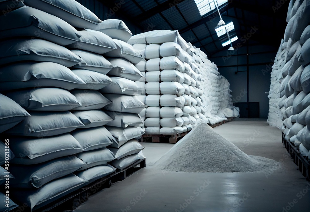 Warehouse storing large stockpile of white urea fertilizer in jumbo