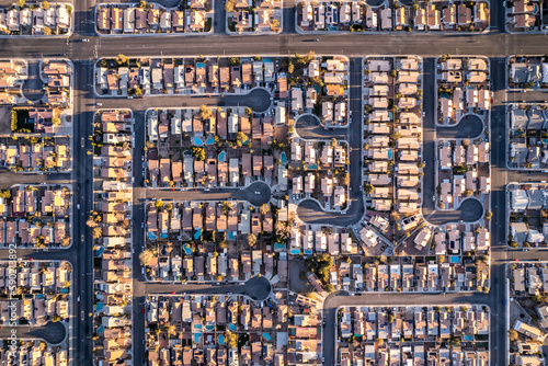 Districts of Las Vegas from drone during sunny day. Aerial view of fabulous Las Vegas, neighborhoods on the outskirts city.