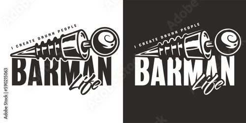 Barman life with bottle stopper for bartending. Chromed metal wine stopper or cocktail bar tool for bartender logo and print.