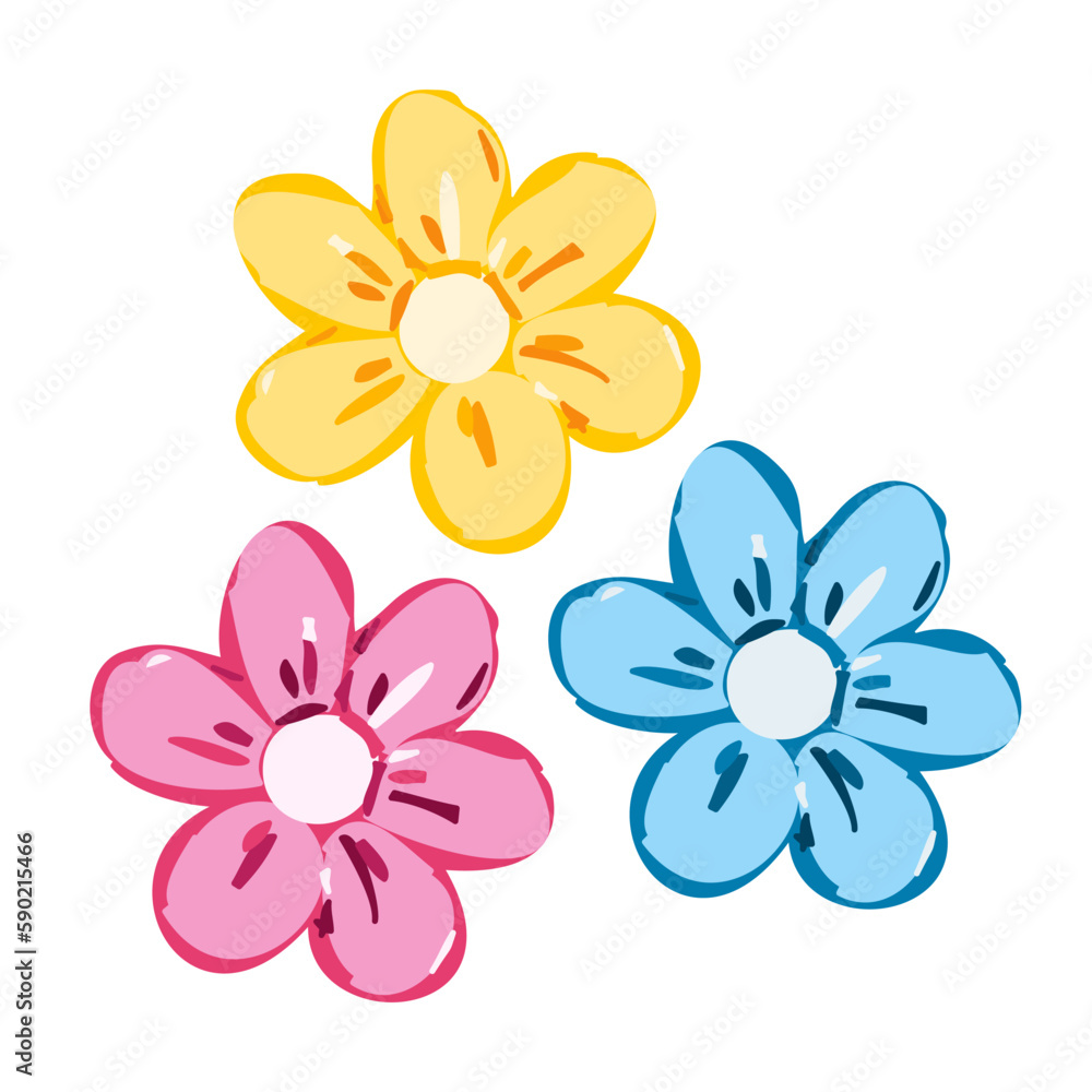 Set of colorful hand drawn summer flowers. Cute yellow, blue and pink decorative botanical elements. Flat vector illustration.