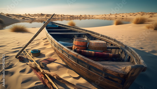 Wooden boat in the middle of the desert, Generative AI, generative, AI © Roberts