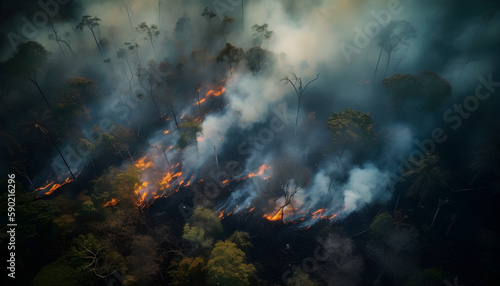 Fire line, From helicopter, Forest fire, Generative AI, generative, AI