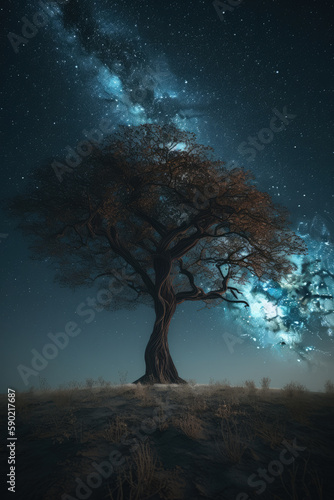 landscape of a lone tree against the backdrop of a starry sky. AI © Landscape Planet