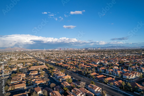 Districts of Las Vegas from drone during sunny day. Aerial view of fabulous Las Vegas, neighborhoods on the outskirts city.