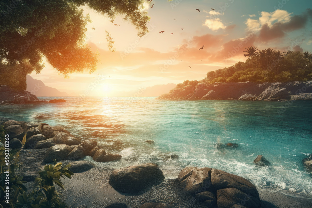 sea landscape with tropical beach sunset, Generative Ai