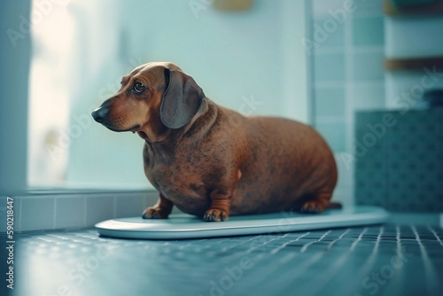 Ai generated image of an obese dachshund on a scale © annette shaff