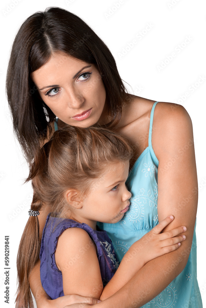 Portrait of Worried , Scared Mother and Young Daughter Portrait of Worried , Scared Mother and Young Daughter