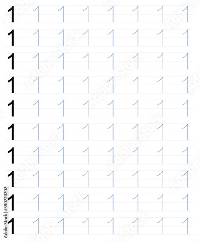 Handwriting practice sheet. Sketchbook page for learning numbers. Vector illustration. Suitable for learning to write for children, learning to write number 1. © OktaChan