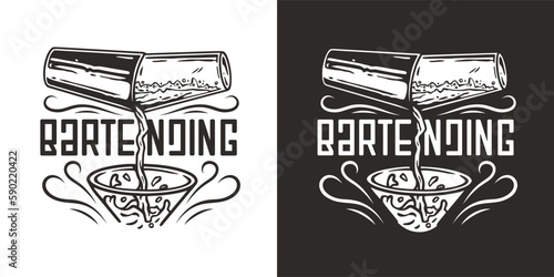Bartender boston shaker and martini glass for bartending. Chromed metal cocktail shaker for barman of cocktail bar