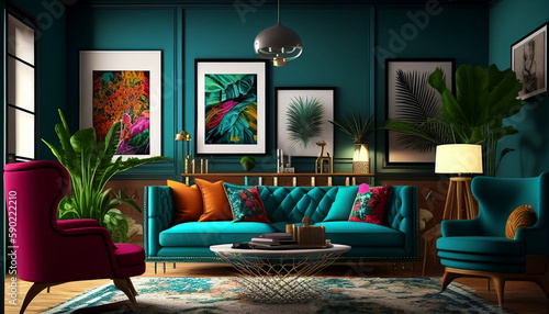 Modern living room with bold, vibrant colors and unique decor pieces, 3D Rendered, AI Generative, Paintings, Couch, Sofa, Colorful Livingroom 